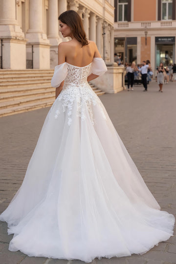 Ivory Off The Shoulder Appliqued Tulle Bridal Gown Dress with Sweep Train